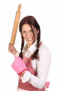 mad housewife with a rolling pin on white background