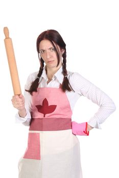mad housewife with a rolling pin on white background