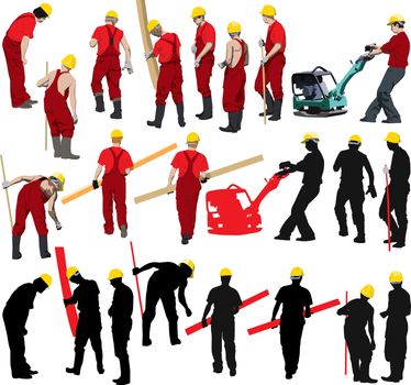 Team of Construction workers in red workwear an yellow helmets. Vector illustration and silhouettes. Other vector people in my portfolio.