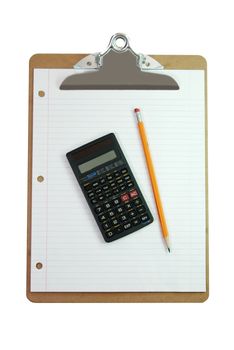 Clipboard, calculator, pencil, and lined white paper isolated on white background with clipping path.