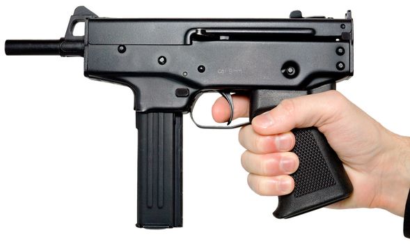 Man's hand holding the big automatic pistol