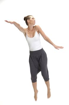 jumping woman stretching her arms