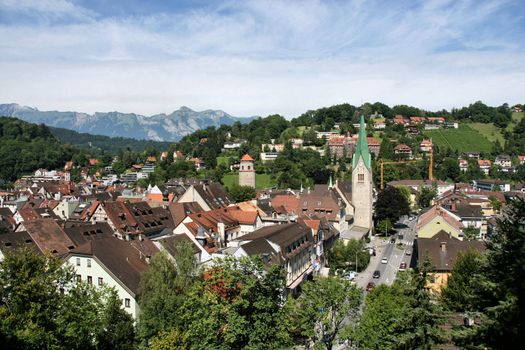 Townscape od Feldkirch, Vorarlberg, Austria. Austrian Alps in the background.