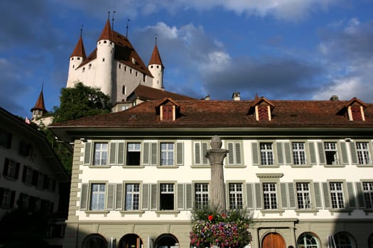 Old castle in Thun, next to Aare river. Switzerland town. Town square view.