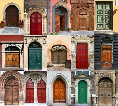 Colorful composition made of door - architecture collage. Doors from Czech Republic, France, Switzerland, Germany and Netherlands.