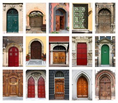 Colorful composition made of door - architecture collage. Doors from Czech Republic, France, Switzerland, Germany and Netherlands.