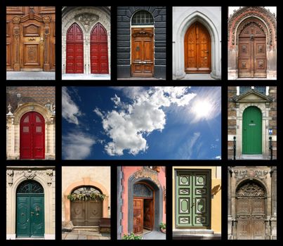 Colorful composition made of door and blue sky - architecture collage. Doors from Czech Republic, France, Switzerland, Germany and Netherlands.