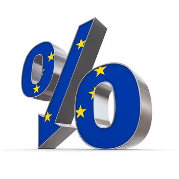 shiny metallic percentage symbol with an arrow down - front surface textured with the european union flag