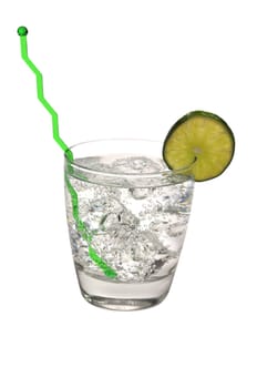 Gin and tonic with lime and swizzle stick.  Isolated on white background with clipping path.