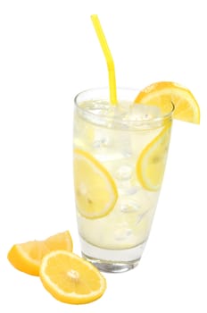 Glass of lemonade with lemons and straw.  Isolated on white background with clipping path.