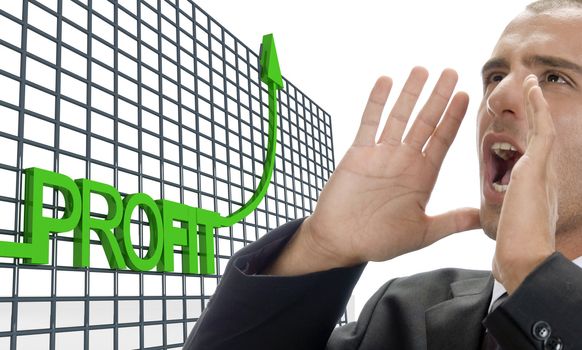 handsome man shouting profit near profit graph on an isolated white background