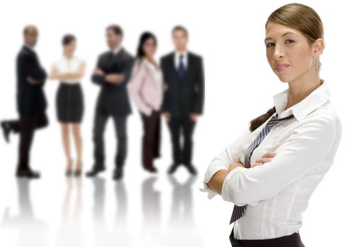 businesswoman looking to camera near business group on an isolated white background