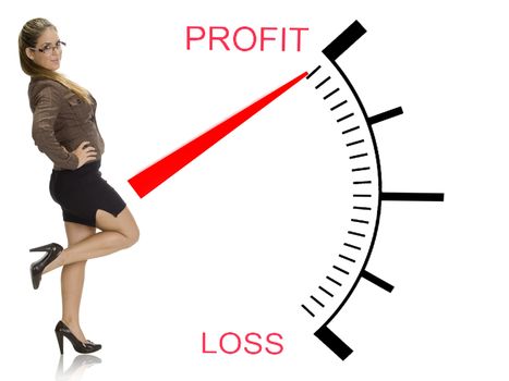 beautiful woman posing near profit loss meter on an isolated white background