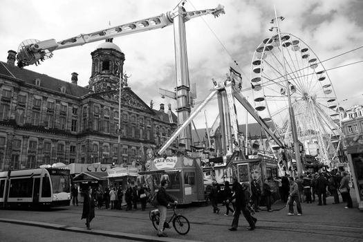 Dam Square in Amsterdam near Queen's Day in the Netherlands