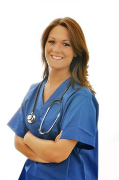 Smiling female nurse with stethoscope around neck isolated on white background. 
