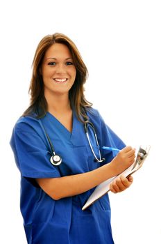 Smiling female nurse with stethoscope and clipboard isolated on white background with copy space. 