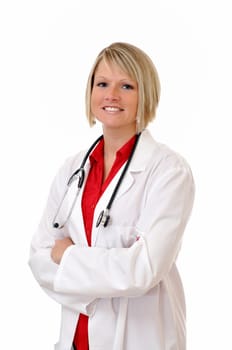 Female doctor with stethoscope isolated on white background.