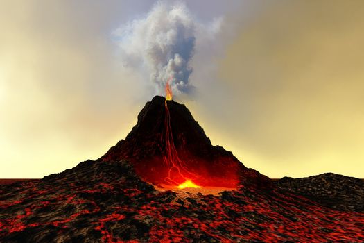 An active volcano spews out hot red lava and smoke.