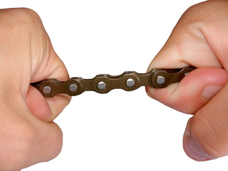 Hands tearing a chain 