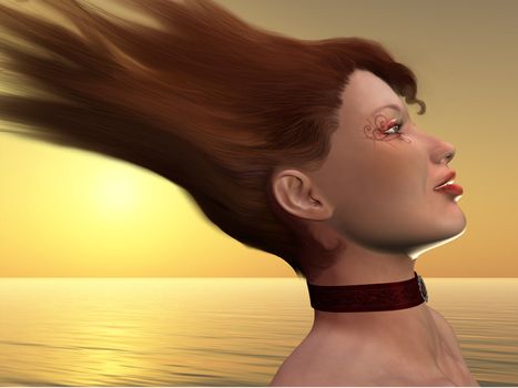 A redheaded beauty's hair flies in a wind gust by the ocean.