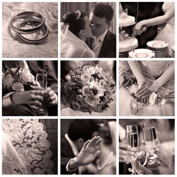 Collage of nine wedding photos in sepia