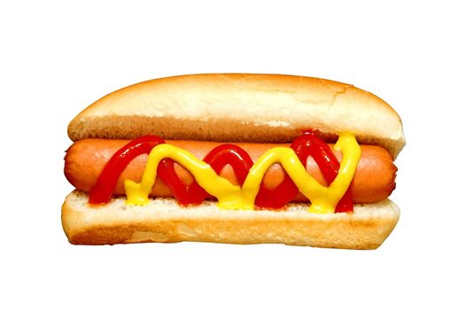 Hot dog with ketchup and mustard.  Clipping path.