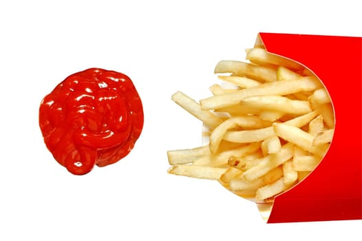 French fries with ketchup.  Isolated with clipping path.