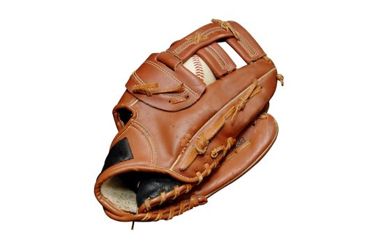 Baseball in glove with clipping path.