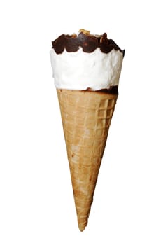 Ice cream sundae cone with vanilla ice cream and chocolate on top