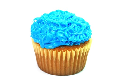 Cupcake with blue decorative frosting.  Isolated on white background.