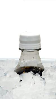 Bottle of soda on ice in cooler.