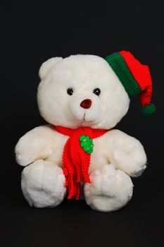 christmas teddy bear isolated in black background
