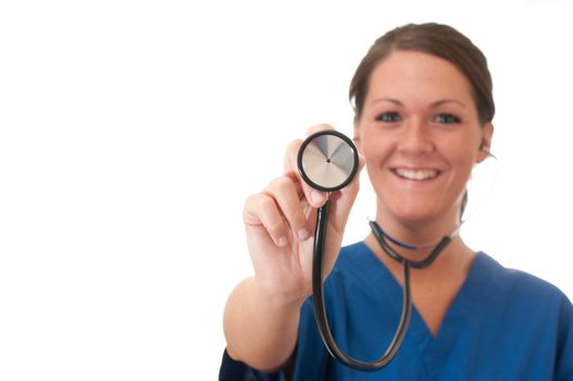 Female nurse with closeup of stethoscope isolated on white background.