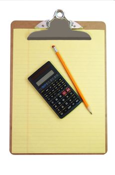 Clipboard, calculator, pencil, and paper isolated on white background with clipping path.