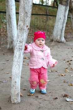 Pretty little girl stay behind tree in autumn park.