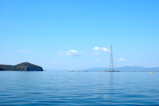 Bright blue sea scenery near russian seaport Vladivostok.