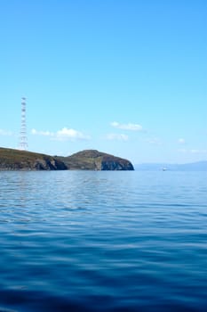 Bright blue sea scenery near russian seaport Vladivostok.