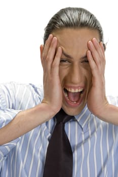 close up view of happy man holding his face with hands