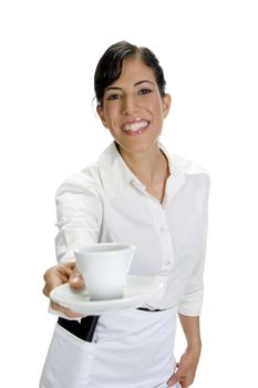 smiling waitress serving coffee on an isolated background