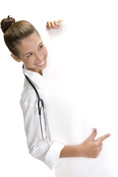 smiling lady doctor indicating to the placard