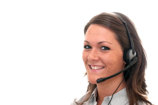 Customer service representative with headset isolated on white background with copy space.