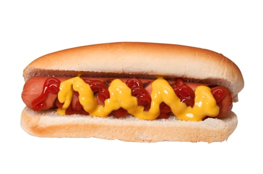 Hot dog with ketchup and mustard isolated on white background with clipping path.