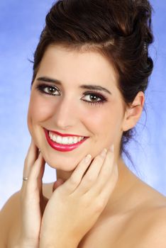 Closeup portrait of a beautiful young woman, white background