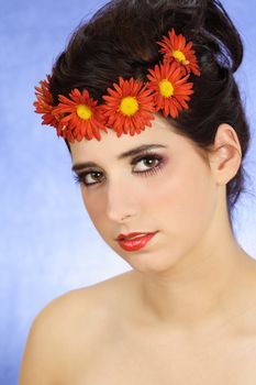 Woman with flower crown, blue background