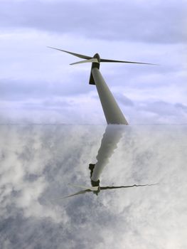 a wind turbine against a calm cloudy sky reflected in the water