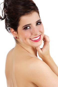 Closeup portrait of a beautiful young woman, white background