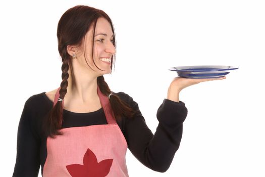 beautiful housewife holding empty plate on white background