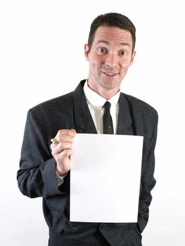 A man with a quirky smile holds a blank white sign.