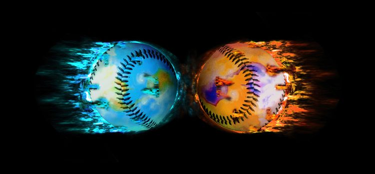 two baseballs with ice and fire on black background