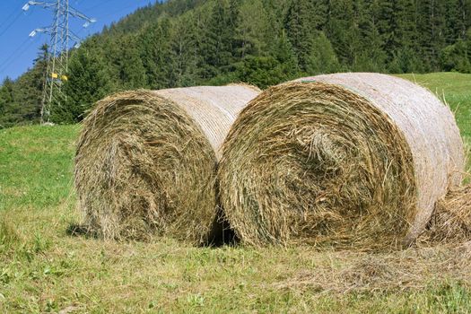 alpine field with two sheaves of hay